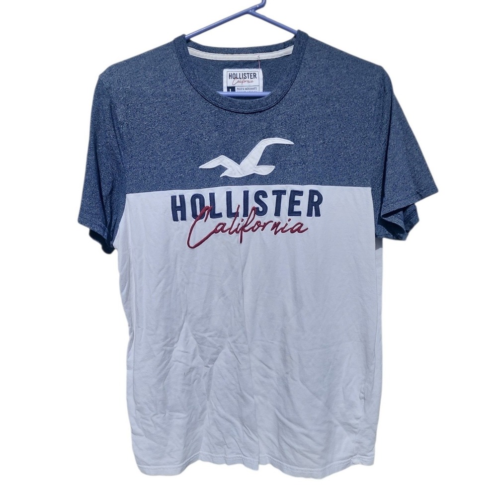 Hollister California Mens Large T-Shirt Colorblock Navy White Graphic Embroider